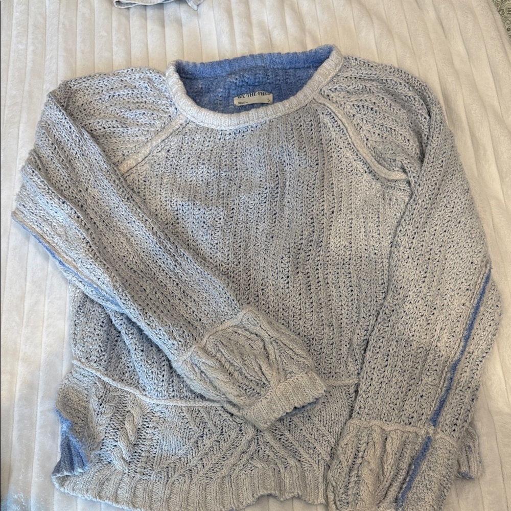 We The Free Light Gray Cable Knit Sweater with Blue Trim
